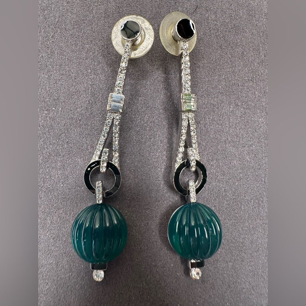 Art Deco 89 Teal Carved Orb Earrings 80s Deco Revival Dangle Silver Crystal Drop - Picture 3 of 9
